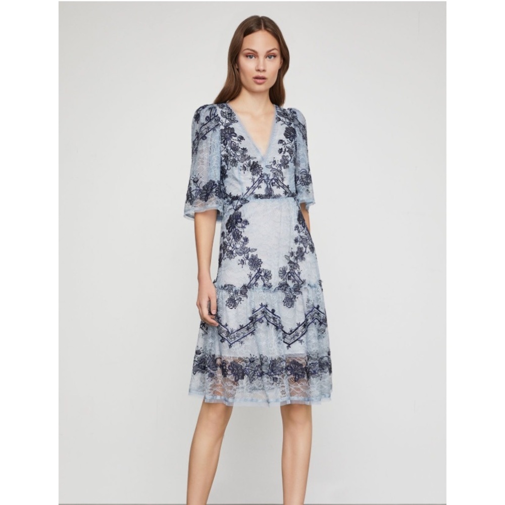 BCBGMaxAzria Navy Blue Vine Embroidered Lace Midi Dress